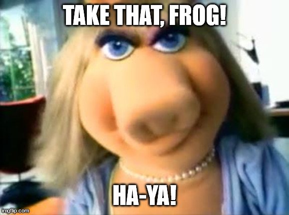 Mad Miss Piggy | TAKE THAT, FROG! HA-YA! | image tagged in mad miss piggy | made w/ Imgflip meme maker