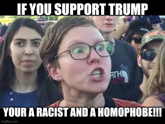 Angry sjw | IF YOU SUPPORT TRUMP YOUR A RACIST AND A HOMOPHOBE!!! | image tagged in angry sjw | made w/ Imgflip meme maker