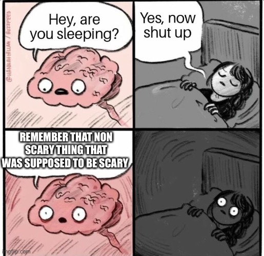 Hey are you sleeping | REMEMBER THAT NON SCARY THING THAT WAS SUPPOSED TO BE SCARY | image tagged in hey are you sleeping | made w/ Imgflip meme maker
