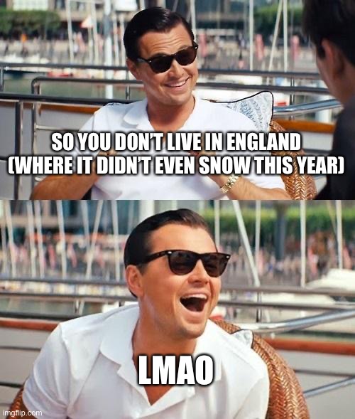 Leonardo Dicaprio Wolf Of Wall Street Meme | SO YOU DON’T LIVE IN ENGLAND (WHERE IT DIDN’T EVEN SNOW THIS YEAR) LMAO | image tagged in memes,leonardo dicaprio wolf of wall street | made w/ Imgflip meme maker