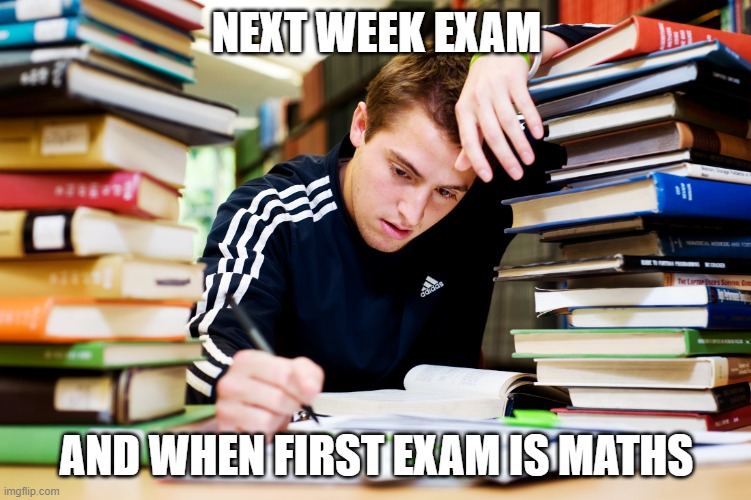 Studying | NEXT WEEK EXAM; AND WHEN FIRST EXAM IS MATHS | image tagged in studying | made w/ Imgflip meme maker