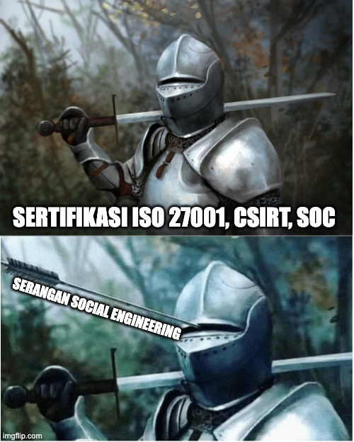 Cyber security meme | SERTIFIKASI ISO 27001, CSIRT, SOC; SERANGAN SOCIAL ENGINEERING | image tagged in knight with arrow in helmet | made w/ Imgflip meme maker