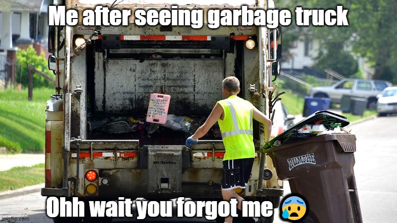 Me after seeing garbage truck; Ohh wait you forgot me 😰 | image tagged in funny,funny memes,fun,lol,jokes on you im into that shit,garbage | made w/ Imgflip meme maker