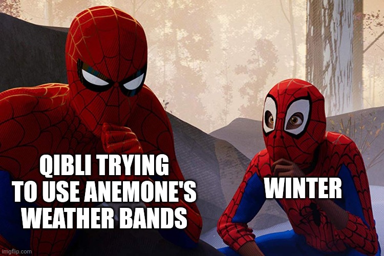 Learning from spiderman | QIBLI TRYING TO USE ANEMONE'S WEATHER BANDS; WINTER | image tagged in learning from spiderman | made w/ Imgflip meme maker