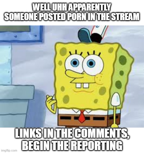 What a lovely addition to the yiff situation we've been having :DDDDDDDDDD | WELL UHH APPARENTLY SOMEONE POSTED PORN IN THE STREAM; LINKS IN THE COMMENTS, BEGIN THE REPORTING | image tagged in spongebob face | made w/ Imgflip meme maker