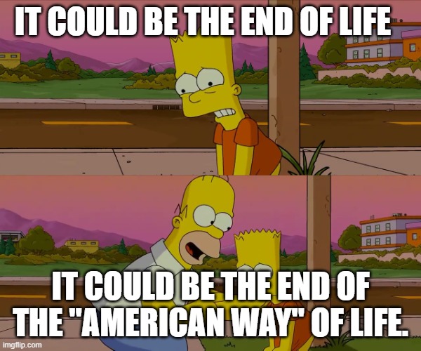 Worst day of my life | IT COULD BE THE END OF LIFE; IT COULD BE THE END OF THE "AMERICAN WAY" OF LIFE. | image tagged in worst day of my life | made w/ Imgflip meme maker