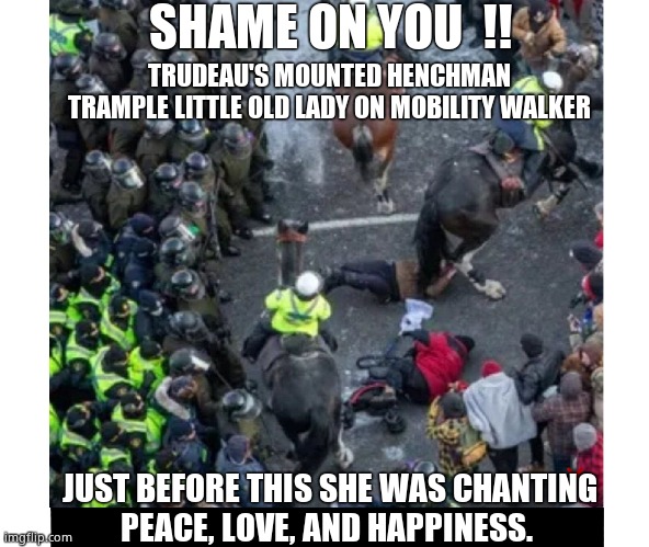 PEACE  LOVE  HAPPINESS | SHAME ON YOU  !! TRUDEAU'S MOUNTED HENCHMAN
TRAMPLE LITTLE OLD LADY ON MOBILITY WALKER; JUST BEFORE THIS SHE WAS CHANTING
PEACE, LOVE, AND HAPPINESS. | image tagged in memes,canada,freedom convoy,2022,shame,political meme | made w/ Imgflip meme maker