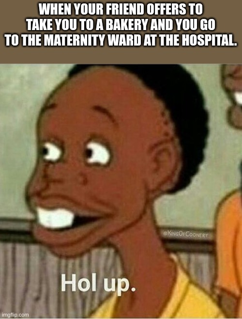 baked goods | WHEN YOUR FRIEND OFFERS TO TAKE YOU TO A BAKERY AND YOU GO TO THE MATERNITY WARD AT THE HOSPITAL. | image tagged in hol up,dark humor | made w/ Imgflip meme maker