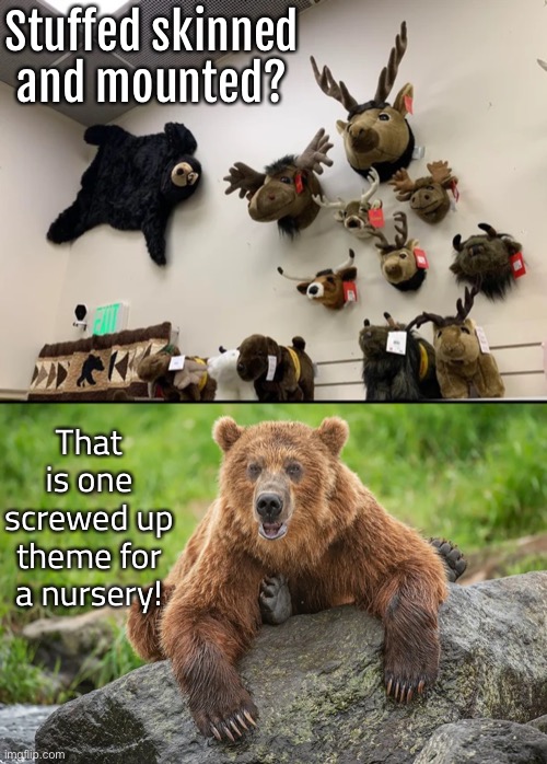 How to Raise a Psycho | Stuffed skinned and mounted? That is one screwed up theme for a nursery! | image tagged in funny memes,decorating,interior design | made w/ Imgflip meme maker