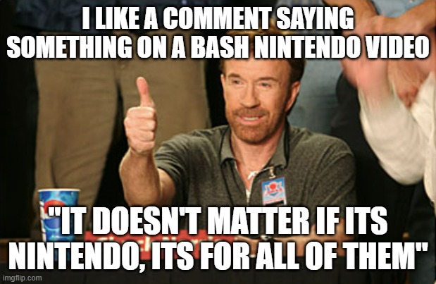 Very true, everyone is at fault |  I LIKE A COMMENT SAYING SOMETHING ON A BASH NINTENDO VIDEO; "IT DOESN'T MATTER IF ITS NINTENDO, ITS FOR ALL OF THEM" | image tagged in memes,chuck norris approves,chuck norris | made w/ Imgflip meme maker