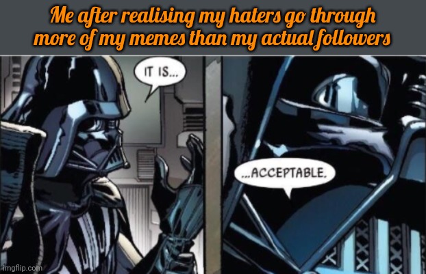 It Is Acceptable | Me after realising my haters go through more of my memes than my actual followers | image tagged in it is acceptable | made w/ Imgflip meme maker