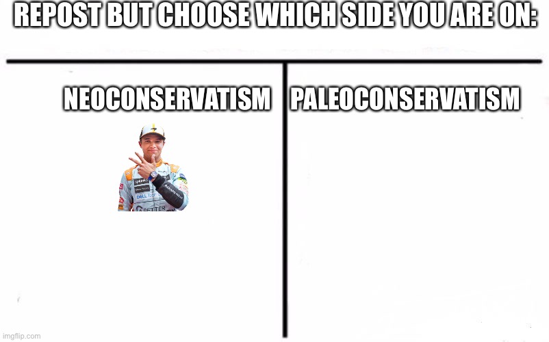 Paleocons will be mad, lol. | REPOST BUT CHOOSE WHICH SIDE YOU ARE ON:; NEOCONSERVATISM    PALEOCONSERVATISM | image tagged in who would win blank | made w/ Imgflip meme maker