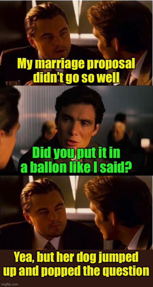 Marriage proposal | My marriage proposal didn’t go so well; Did you put it in a ballon like I said? Yea, but her dog jumped up and popped the question | image tagged in memes,inception,proposal | made w/ Imgflip meme maker