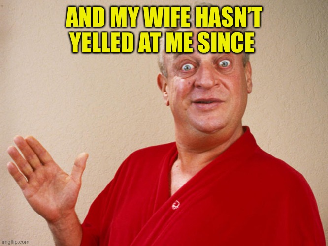 Rodney Dangerfield For Pres | AND MY WIFE HASN’T YELLED AT ME SINCE | image tagged in rodney dangerfield for pres | made w/ Imgflip meme maker