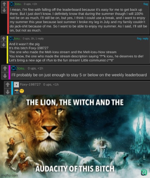 Iceu is digging his own grave at this point. | image tagged in the lion the witch and the audacity of this bitch | made w/ Imgflip meme maker