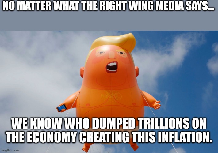 Inflationald | NO MATTER WHAT THE RIGHT WING MEDIA SAYS... WE KNOW WHO DUMPED TRILLIONS ON THE ECONOMY CREATING THIS INFLATION. | image tagged in conservative,republican,inflation,biden,trump,liberal | made w/ Imgflip meme maker