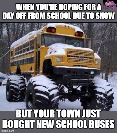 When all hope fades |  WHEN YOU'RE HOPING FOR A DAY OFF FROM SCHOOL DUE TO SNOW; BUT YOUR TOWN JUST BOUGHT NEW SCHOOL BUSES | image tagged in school bus | made w/ Imgflip meme maker