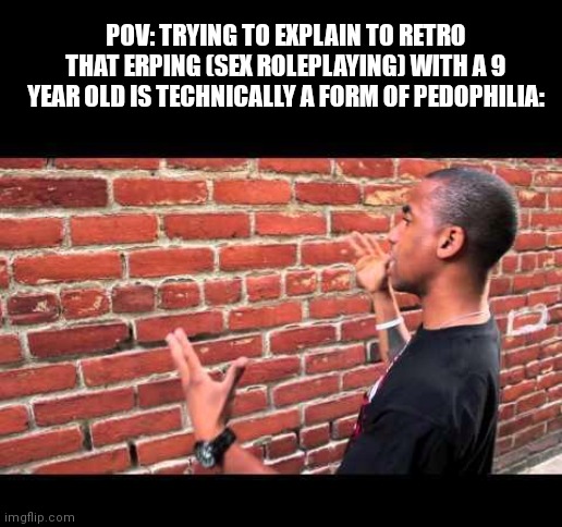 Brick wall guy | POV: TRYING TO EXPLAIN TO RETRO THAT ERPING (SEX ROLEPLAYING) WITH A 9 YEAR OLD IS TECHNICALLY A FORM OF PEDOPHILIA: | image tagged in brick wall guy | made w/ Imgflip meme maker