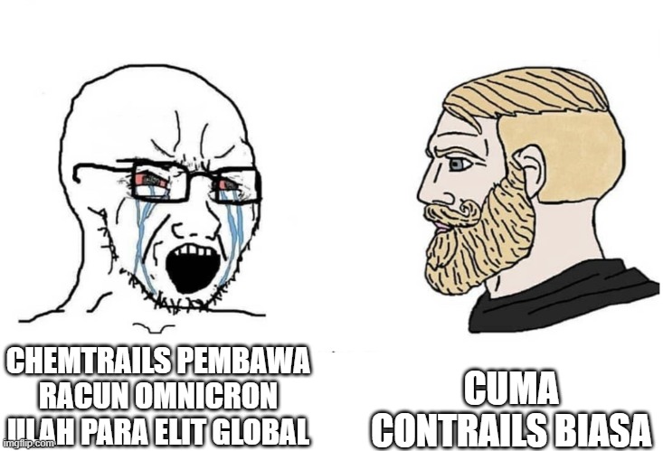 chemtrails | CUMA CONTRAILS BIASA; CHEMTRAILS PEMBAWA RACUN OMNICRON ULAH PARA ELIT GLOBAL | image tagged in soyboy vs yes chad | made w/ Imgflip meme maker
