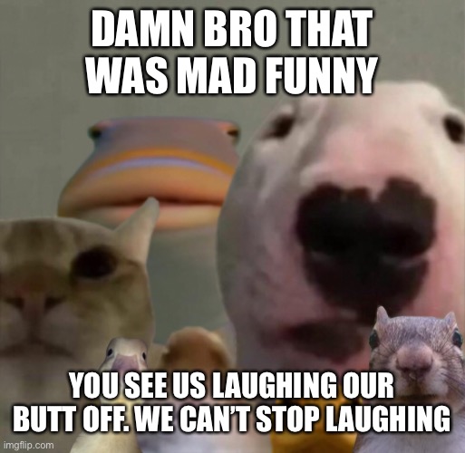 The council remastered | DAMN BRO THAT WAS MAD FUNNY YOU SEE US LAUGHING OUR BUTT OFF. WE CAN’T STOP LAUGHING | image tagged in the council remastered | made w/ Imgflip meme maker