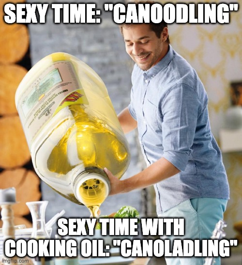 words of the day |  SEXY TIME: "CANOODLING"; SEXY TIME WITH COOKING OIL: "CANOLADLING" | image tagged in too much olive oil meme,canoladling,canoodling,sexy time,oil | made w/ Imgflip meme maker