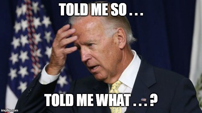 Joe Biden worries | TOLD ME SO . . . TOLD ME WHAT . . . ? | image tagged in joe biden worries | made w/ Imgflip meme maker