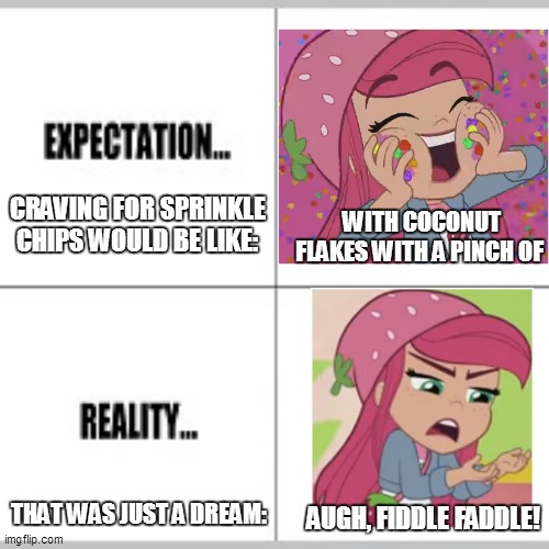 She's Dreaming | CRAVING FOR SPRINKLE CHIPS WOULD BE LIKE:; WITH COCONUT FLAKES WITH A PINCH OF; AUGH, FIDDLE FADDLE! THAT WAS JUST A DREAM: | image tagged in expectation vs reality,strawberry shortcake,strawberry shortcake berry in the big city,so true memes,funny memes,memes | made w/ Imgflip meme maker