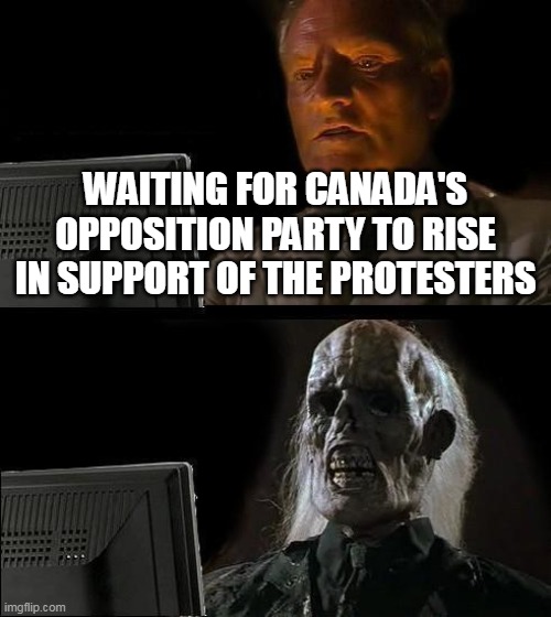 There Time is now | WAITING FOR CANADA'S OPPOSITION PARTY TO RISE IN SUPPORT OF THE PROTESTERS | image tagged in memes,i'll just wait here,canada | made w/ Imgflip meme maker