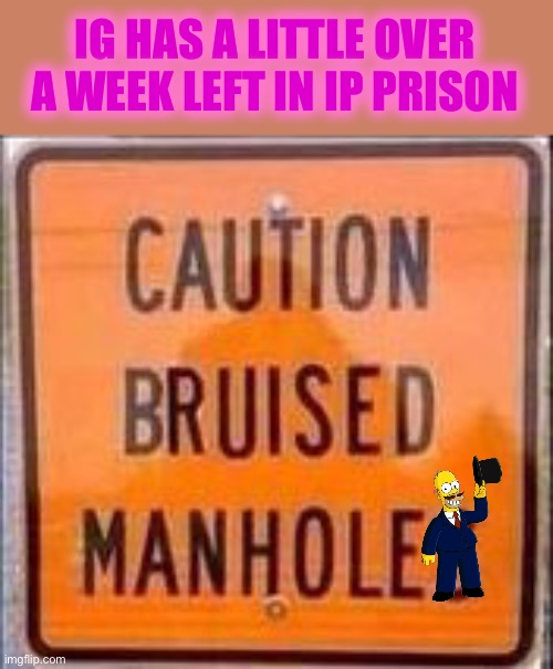 Butthurt Bruised Manholes | IG HAS A LITTLE OVER A WEEK LEFT IN IP PRISON | image tagged in butthurt bruised manholes | made w/ Imgflip meme maker