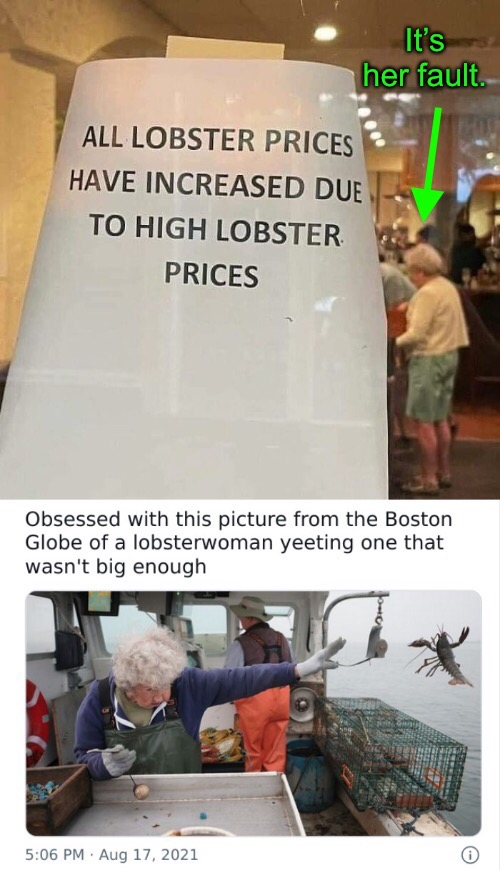 The Law of Supply and Demand | It’s her fault. | image tagged in funny memes,lobster,lobster woman | made w/ Imgflip meme maker