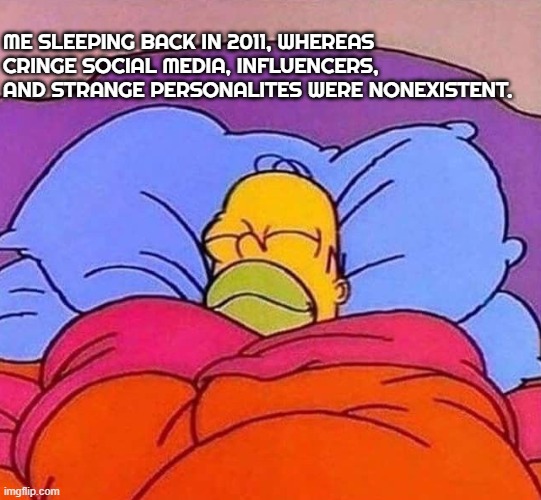 There is no turning back, sadly |  ME SLEEPING BACK IN 2011, WHEREAS CRINGE SOCIAL MEDIA, INFLUENCERS, AND STRANGE PERSONALITES WERE NONEXISTENT. | image tagged in homer simpson sleeping peacefully,the good old days,social media,mainstream media | made w/ Imgflip meme maker