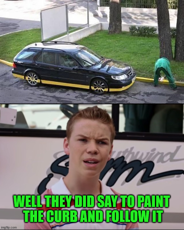 Bad place to park the car | WELL THEY DID SAY TO PAINT 
THE CURB AND FOLLOW IT | image tagged in you guys are getting paid,you had one job | made w/ Imgflip meme maker