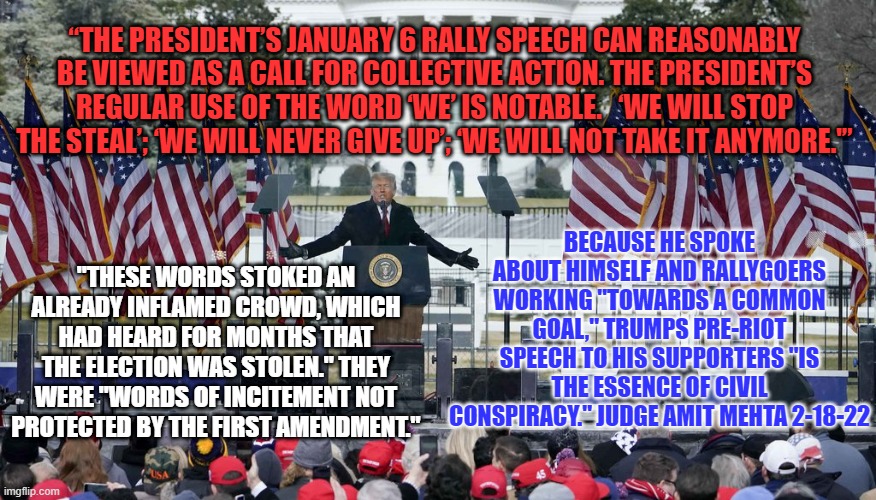 What do you suppose the judge is trying to say? | “THE PRESIDENT’S JANUARY 6 RALLY SPEECH CAN REASONABLY BE VIEWED AS A CALL FOR COLLECTIVE ACTION. THE PRESIDENT’S REGULAR USE OF THE WORD ‘WE’ IS NOTABLE.   ‘WE WILL STOP THE STEAL’; ‘WE WILL NEVER GIVE UP’; ‘WE WILL NOT TAKE IT ANYMORE.'”; BECAUSE HE SPOKE ABOUT HIMSELF AND RALLYGOERS WORKING "TOWARDS A COMMON GOAL," TRUMPS PRE-RIOT SPEECH TO HIS SUPPORTERS "IS THE ESSENCE OF CIVIL CONSPIRACY." JUDGE AMIT MEHTA 2-18-22; "THESE WORDS STOKED AN ALREADY INFLAMED CROWD, WHICH HAD HEARD FOR MONTHS THAT THE ELECTION WAS STOLEN." THEY WERE "WORDS OF INCITEMENT NOT PROTECTED BY THE FIRST AMENDMENT." | image tagged in politics | made w/ Imgflip meme maker