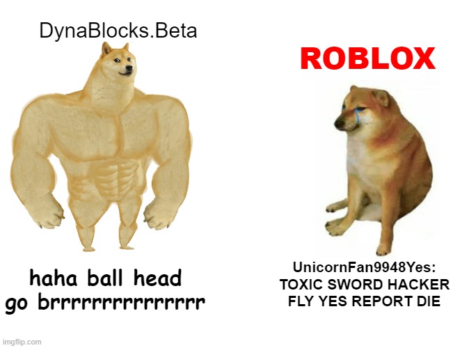 dynablocks.beta is better | DynaBlocks.Beta; ROBLOX; UnicornFan9948Yes: TOXIC SWORD HACKER FLY YES REPORT DIE; haha ball head go brrrrrrrrrrrrrrr | image tagged in memes,buff doge vs cheems | made w/ Imgflip meme maker