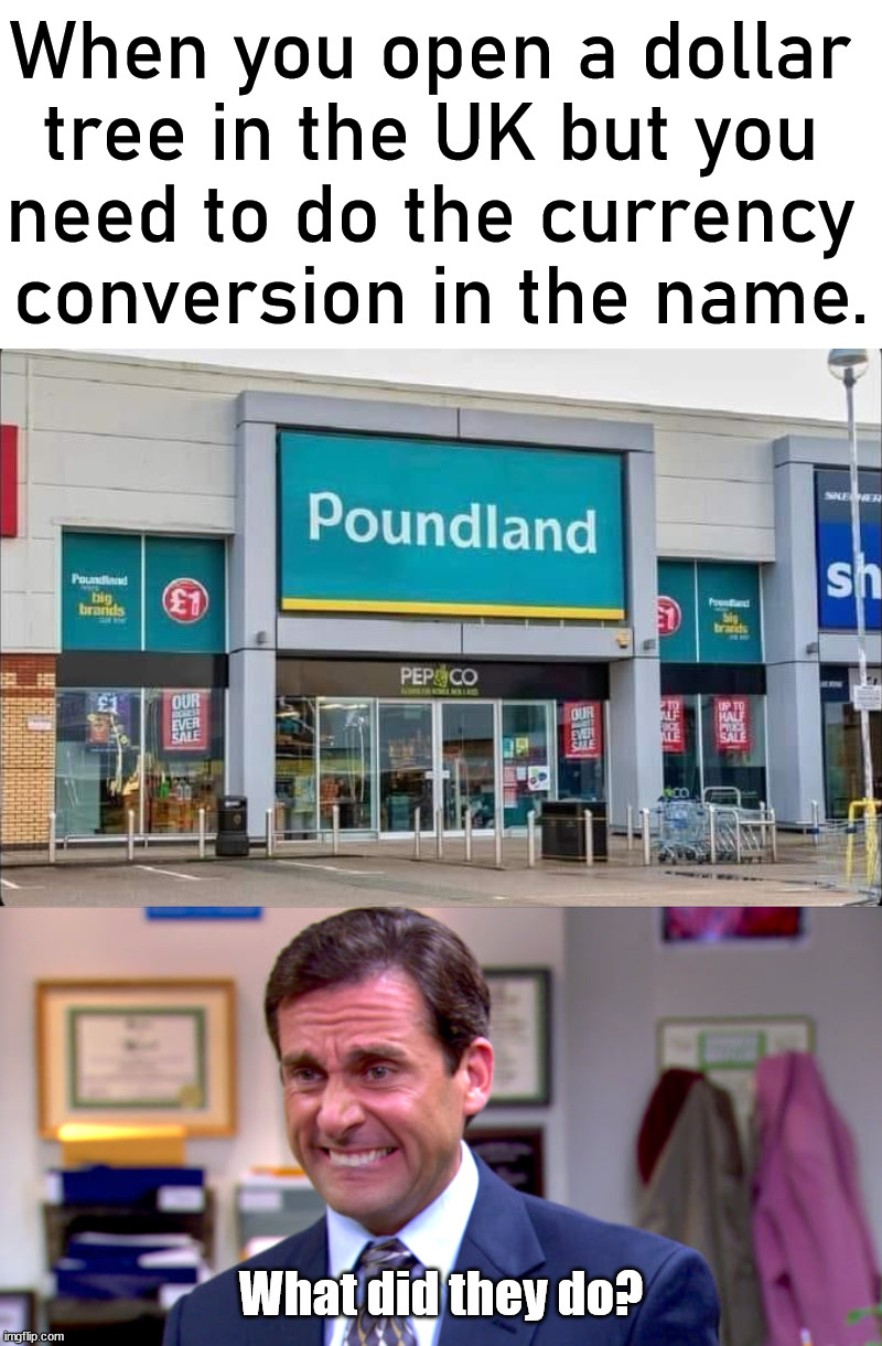 Dollar tree changes denomination | When you open a dollar 
tree in the UK but you 
need to do the currency 
conversion in the name. What did they do? | image tagged in micheal scott yikes,denomination,dollar store | made w/ Imgflip meme maker