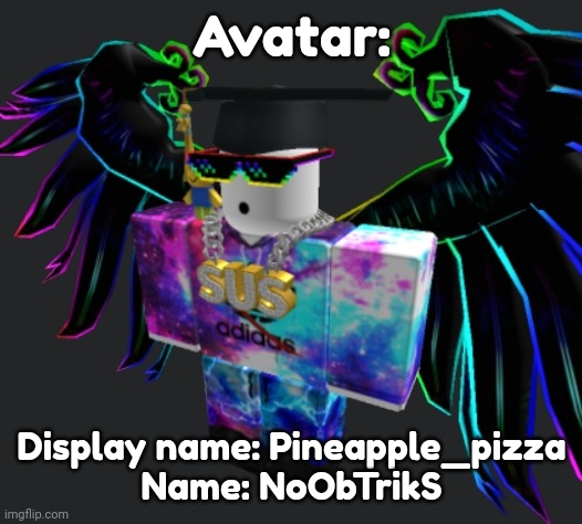Avatar: Display name: Pineapple_pizza
Name: NoObTrikS | made w/ Imgflip meme maker