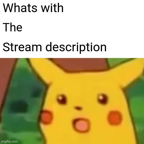 Surprised Pikachu | Whats with; The; Stream description | image tagged in memes,surprised pikachu | made w/ Imgflip meme maker