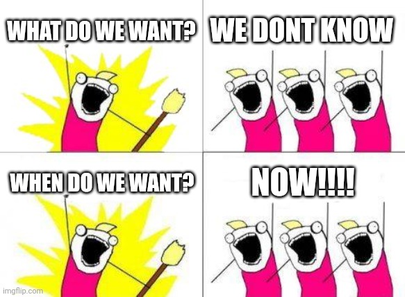 What Do We Want | WHAT DO WE WANT? WE DONT KNOW; WHEN DO WE WANT? NOW!!!! | image tagged in memes,what do we want | made w/ Imgflip meme maker