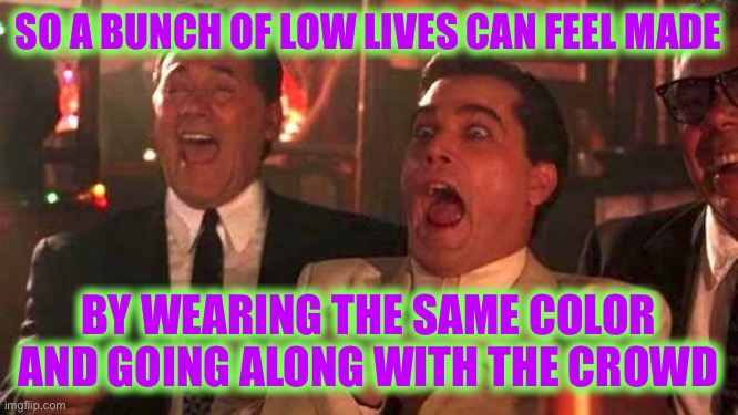 It’s Always the Ones Dying to Fit In | SO A BUNCH OF LOW LIVES CAN FEEL MADE; BY WEARING THE SAME COLOR AND GOING ALONG WITH THE CROWD | image tagged in goodfellas laughing scene henry hill,facts | made w/ Imgflip meme maker