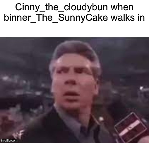 wtf is wrong with me | Cinny_the_cloudybun when binner_The_SunnyCake walks in | image tagged in x when x walks in | made w/ Imgflip meme maker