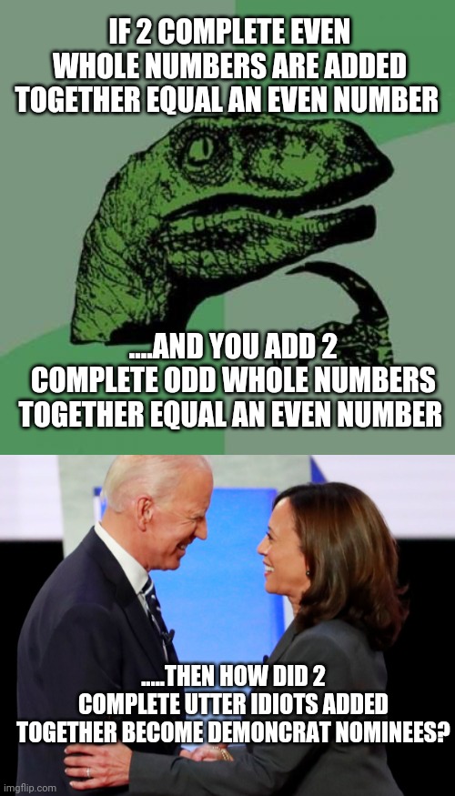 IF 2 COMPLETE EVEN WHOLE NUMBERS ARE ADDED TOGETHER EQUAL AN EVEN NUMBER; ....AND YOU ADD 2 COMPLETE ODD WHOLE NUMBERS TOGETHER EQUAL AN EVEN NUMBER; .....THEN HOW DID 2 COMPLETE UTTER IDIOTS ADDED TOGETHER BECOME DEMONCRAT NOMINEES? | image tagged in memes,philosoraptor,biden harris | made w/ Imgflip meme maker