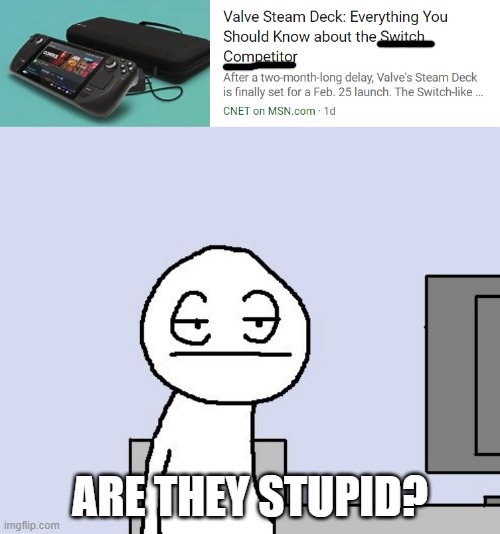 I thought it wasn't a competitor of the Switch (also has the hype died down a bit?) | ARE THEY STUPID? | image tagged in bored of this crap | made w/ Imgflip meme maker