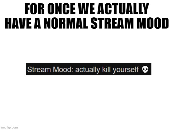 Blank White Template | FOR ONCE WE ACTUALLY HAVE A NORMAL STREAM MOOD | image tagged in blank white template | made w/ Imgflip meme maker