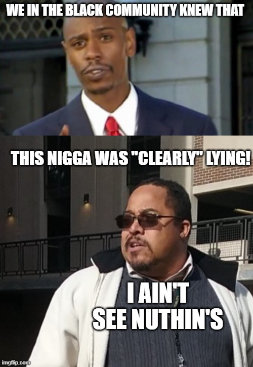 Matthew Thompson | WE IN THE BLACK COMMUNITY KNEW THAT; THIS NIGGA WAS "CLEARLY" LYING! I AIN'T SEE NUTHIN'S | image tagged in dave chappelle,matthew thompson,lying,idiot,nothing to see here | made w/ Imgflip meme maker