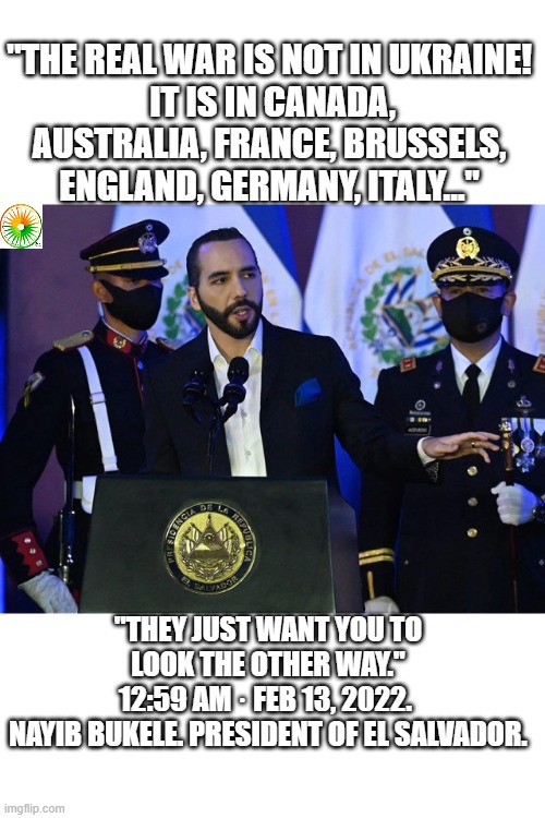 politics | "THE REAL WAR IS NOT IN UKRAINE!
 IT IS IN CANADA, AUSTRALIA, FRANCE, BRUSSELS, ENGLAND, GERMANY, ITALY..."; "THEY JUST WANT YOU TO LOOK THE OTHER WAY."
12:59 AM · FEB 13, 2022. 
NAYIB BUKELE. PRESIDENT OF EL SALVADOR. | image tagged in political meme | made w/ Imgflip meme maker