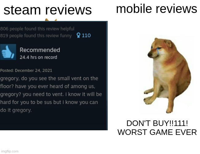 steam = chad |  steam reviews; mobile reviews; DON'T BUY!!111! WORST GAME EVER | image tagged in buff doge vs cheems,cheems,doge,steam,valve,fnaf | made w/ Imgflip meme maker