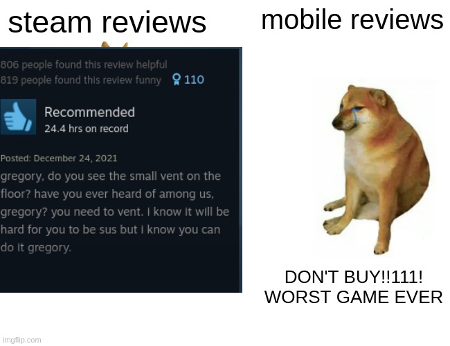 steam = chad | steam reviews; mobile reviews; DON'T BUY!!111! WORST GAME EVER | image tagged in buff doge vs cheems,cheems,doge,steam,valve,fnaf | made w/ Imgflip meme maker