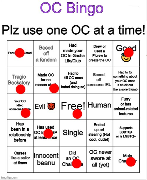 UO's card. | image tagged in oc bingo | made w/ Imgflip meme maker