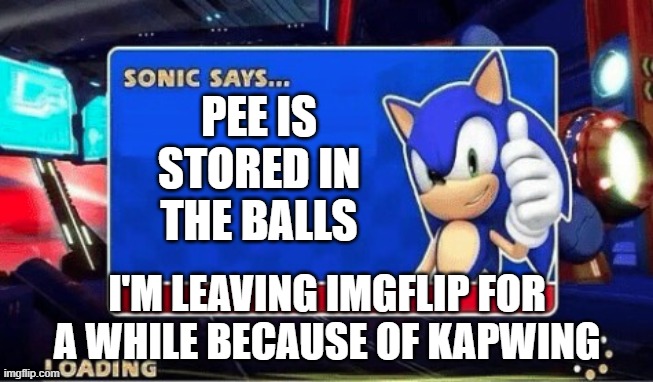 PeeStore&Notice | PEE IS STORED IN THE BALLS; I'M LEAVING IMGFLIP FOR A WHILE BECAUSE OF KAPWING | image tagged in sonic says | made w/ Imgflip meme maker