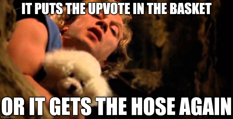 When I Upvote beg: | IT PUTS THE UPVOTE IN THE BASKET; OR IT GETS THE HOSE AGAIN | image tagged in upvote begging,upvotes,fishing for upvotes,it puts the lotion on the skin,it puts the lotion in the basket,silence of the lambs | made w/ Imgflip meme maker